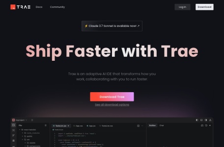 Trae（英文版）,Trae（英文版）官网截图,字节旗下，国内首款AI IDE