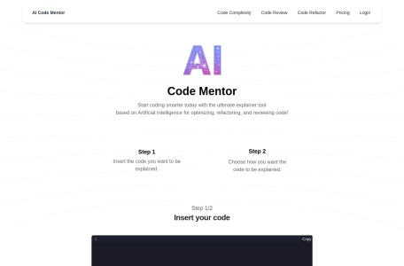 AI Code Mentor,AI Code Mentor官网截图,一款基于人工智能的代码优化、重构和审查工具，帮助开发人员提高代码质量和效率